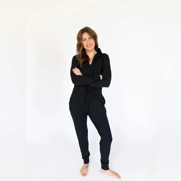 Smash + Tess Black Hooded Jilly Jogger Jumpsuit Size S Bamboo Lounge Casual Chic - Picture 4 of 16